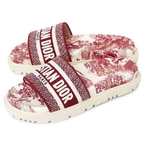 Dior   Dway Slides   Sandales Toile de Jouy blanches bordeaux rouge 36 / 3UK   Neuf et boîte