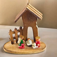 Vintage RUSS Wood Nativity Scene Creche Ornament Holy Family Manger MCM
