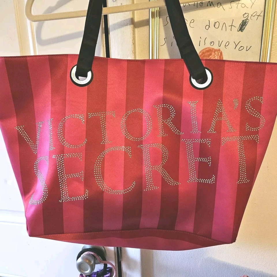 Victoria's Secret Larg Weekender  Satin  Tote Pink Striped Rhinestone NWOT Lined