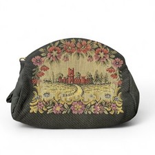VTG Antique Needlepoint Castle Scene Floral Black Coin Purse Bag 8  x6  Zip Up