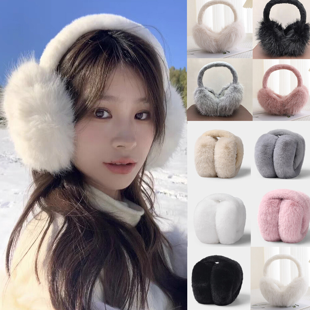 Winter Foldable Ear Muffs #Black #White Ramede 4 Pcs Unisex Winter Ear Muffs Faux Fur Earmuffs  main image 4