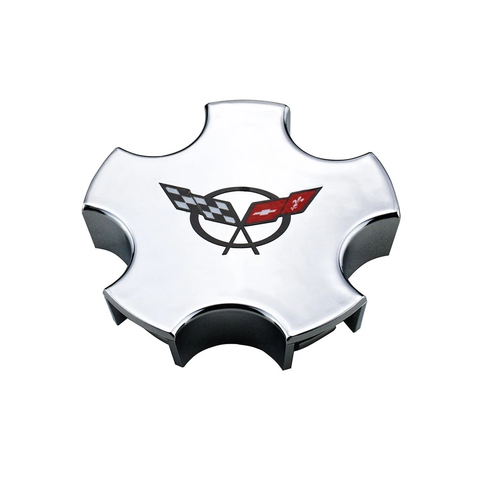 Tapacubos centrales cromados 4 piezas para Corvette C5 2000-2004 con logotipo de bandera cruzada Foto 3 de 4