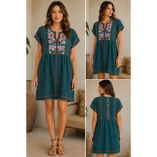 Johnny Was Workshop Dress Floral Embroidered Teal Ramie Boho Shift Size S