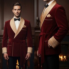 Velvet Men Suits With Belt Tuxedo Shawl Lapel Single Breasted Party Cocktails
