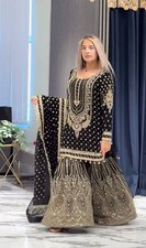 New Launching Faux Georgette Black Kurta Palazzo With Dupatta For Reception