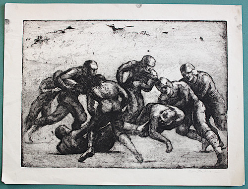 1930's Aaron Berkman College FOOTBALL  WPA NFL Sports Etching N.Y. (LAST ONE!)