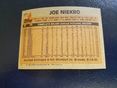 Joe Niekro Houston Astros 1983 TOPPS #221 BLANK FRONT ERROR WOW