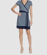 T Tahari Women's Blue Polka Dotted Belted Faux-Wrap Sheath Dress Size XL