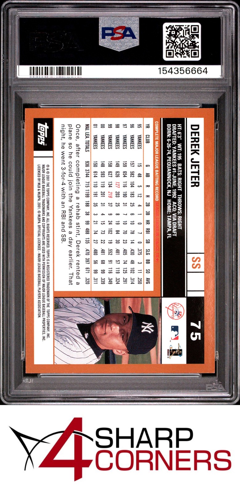 2002 TOPPS #75 DEREK JETER YANKEES HOF PSA 10 view 2