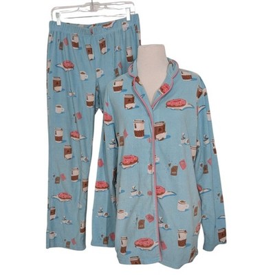 Munki Munki Coffee Latte Donuts Pajama Set Womens Size Large Blue Fleece 