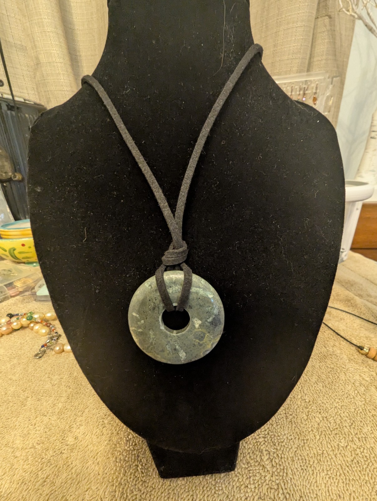 Blue Stone Round Donut Amulet Pendant Necklace on Cord Chain
