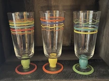 3 Rainbow hand painted footed ice tea glasses 16oz Multicolor 8” Tall