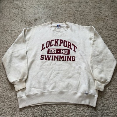 Vintage Russell Athletic Lockport Swim Sweatshirt XL USA Made Cream Red Spellout