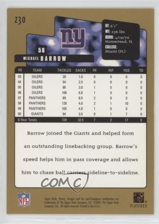 2001 Upper Deck Victory Gold Micheal Barrow Michael Barrow #230 - Image 2 of 2