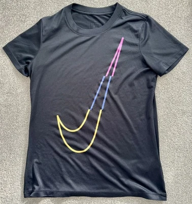 Nike Black Running Tee Top Ladies S Swoosh Tick Colour Yellow Blue Pink Dri-Fit - Image 1 of 2