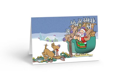 Dog Christmas Cards - Dog Scares Santa and Team - Funny Christmas Card - 18 Boxe