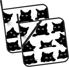 Cute Black Cat Pot Holders Set of 2 Kitchen Heat Resistant Potholder for Microwa