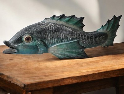 Vintage Hand-Carved Solid Wood Koi Fish/Carp 24'' Rustic Fish Sculpture Art