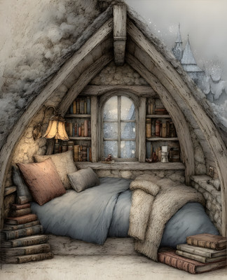 8x10 Cozy Storybook Bed with Book Shelf and Window Art Print - 367384570