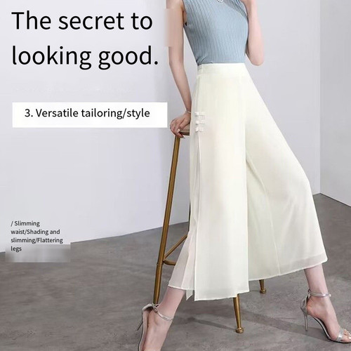 Trendy Womens Side Slit Chiffon Trousers Ideal for Vacation and Daily Wear - Picture 4 of 16