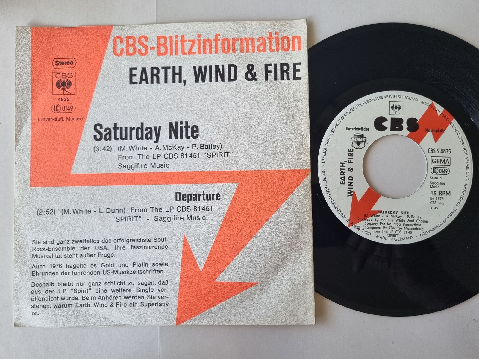 Earth, Wind & Fire - Saturday nite/ Departure 7'' Vinyl Germany PROMO