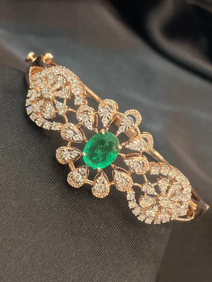 Pave 5,65 Cts Runde Brilliant Natürlich Diamanten Smaragd Armband In 14K Rotgold - Bild 4 von 4