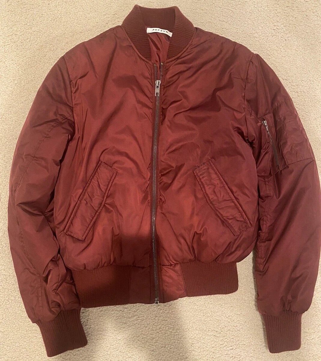 Pacsun Bomber Jacket Mens Medium Maroon Satin Full Zip Elast Waist Snap Pockets