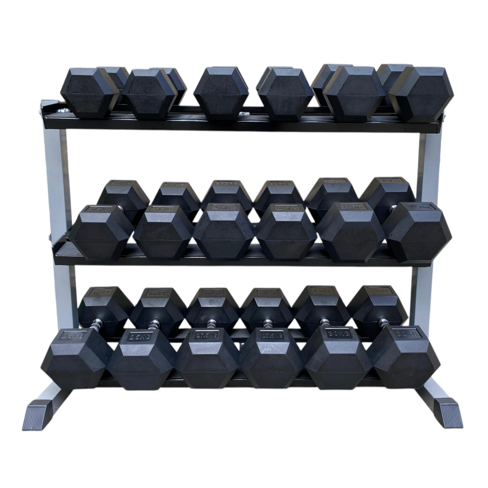ULTIMATE RUBBER HEX DUMBBELL SETS & PACKAGES WITH 3-TIER RACKS COMMERCIAL GRADE