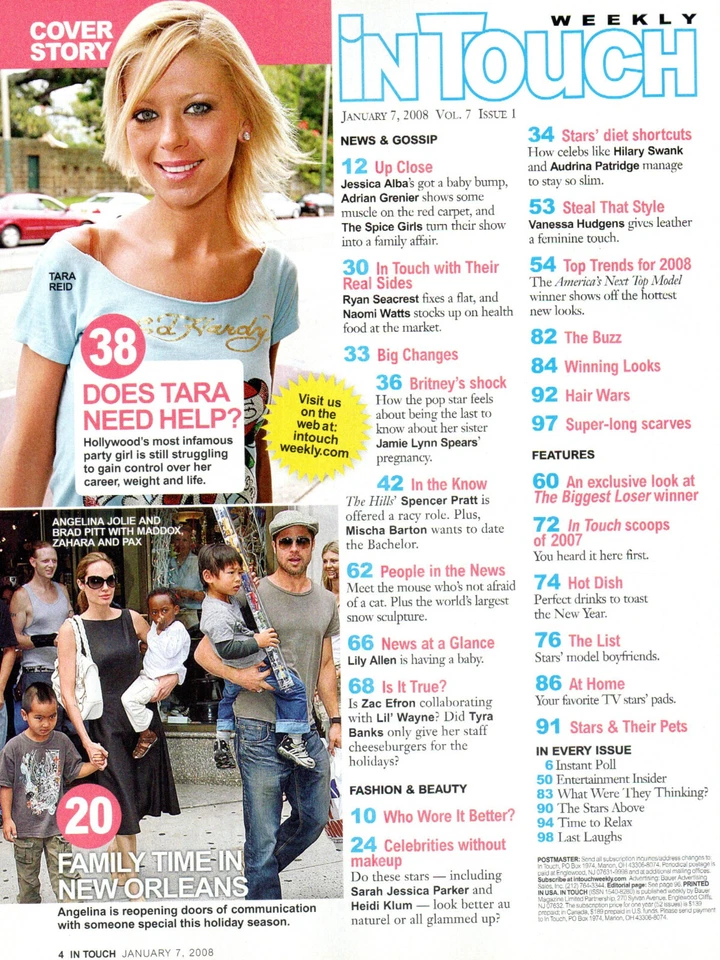 IN TOUCH Magazine January 7 2008 Tara Reid Britney Jamie Lynn Spears Brad Pitt - Image 2 of 3
