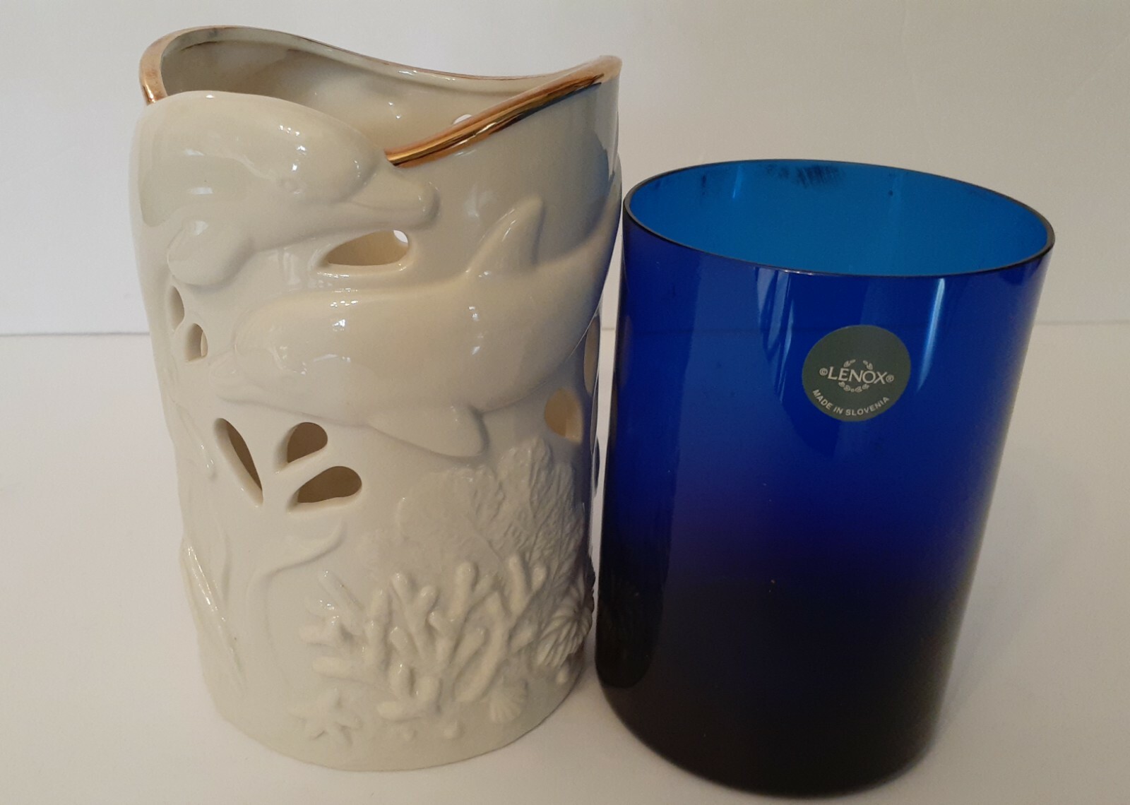 LENOX Dolphins Undersea Discovery Candle Holder with Blue Glass Insert