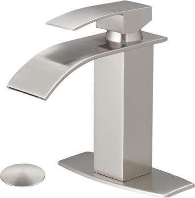 Brushed Nickel Waterfall Spout Bathroom Faucet, Single Handle Bathroom Sink Fauc