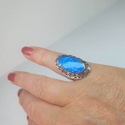 SALE Sterling silver large simulated Opal Filigree surround