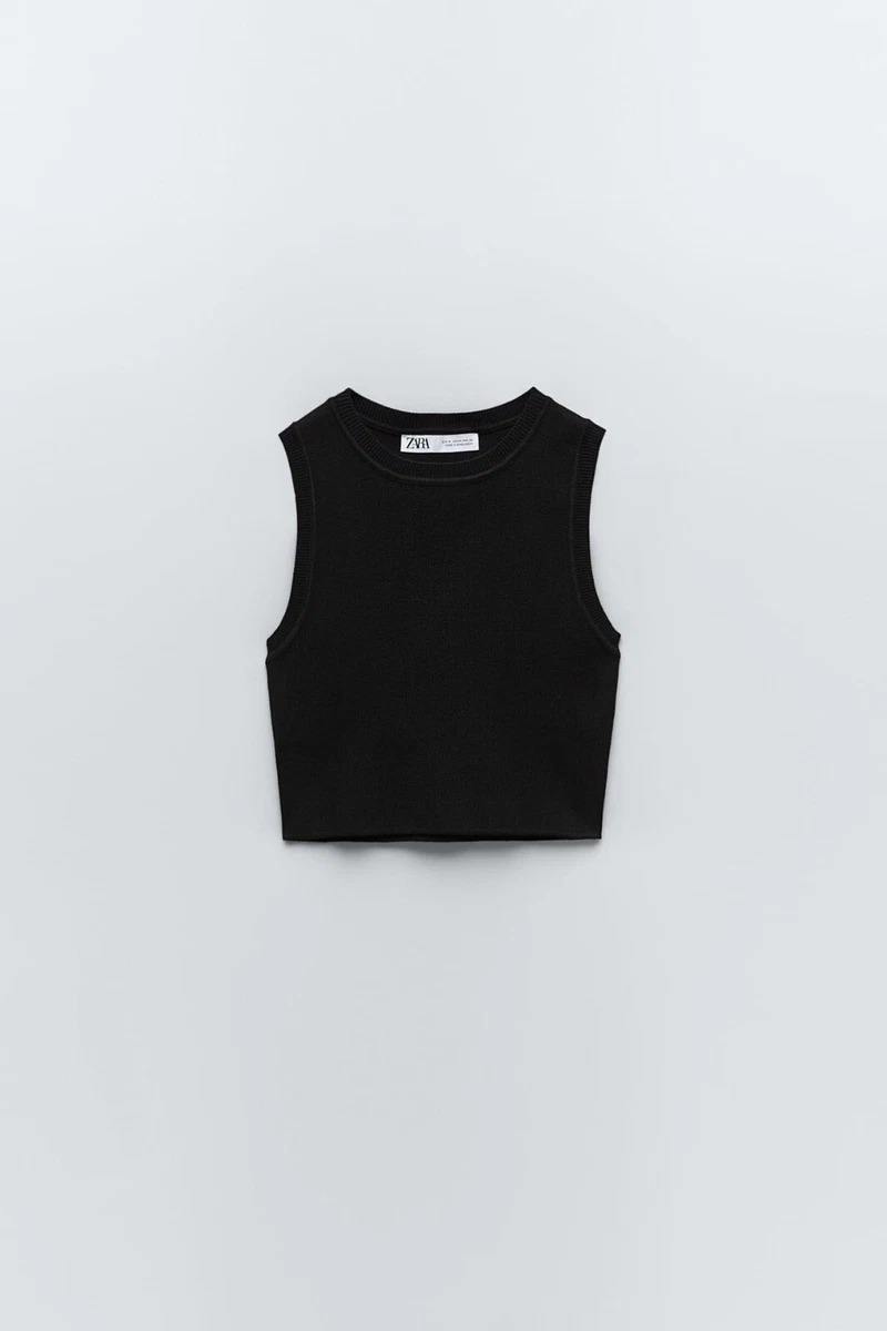 Zara Cropped Knit Ribbed Tank Top Black Small