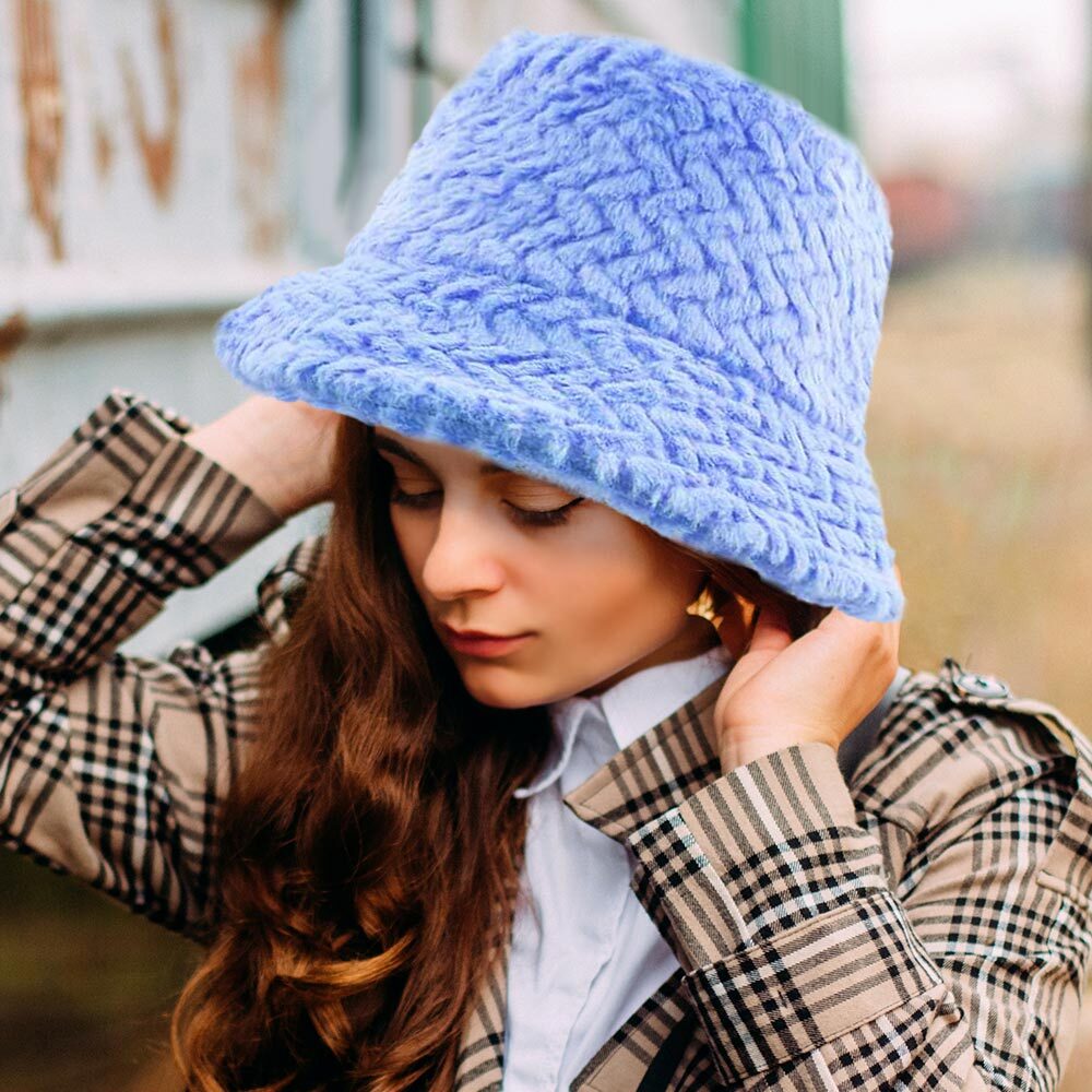 Zig Zag Design Faux Fur Wide Brim Soft Quality Warm Winter Bucket