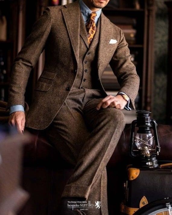 Brown Men Suit Vintage Tweed Check Piece Notch Lapel Blazer Prom