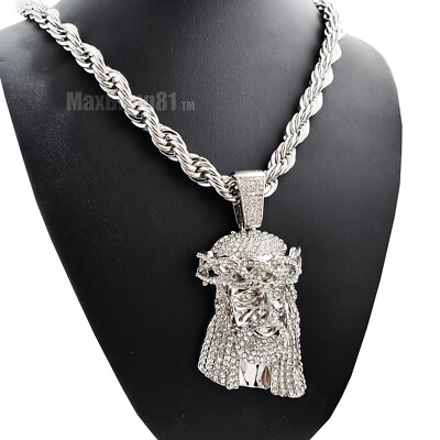 Iced Silver Large Jesus Head Pendant & 8mm 10mm 24