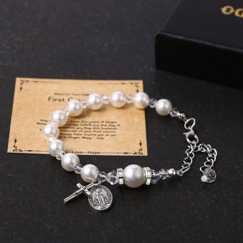 Virgin Mary Rosary Bead Cross Chain Simulated Pearl Beaded Bracelet for Women - Picture 3 of 56