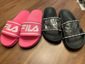 pink and black fila slides