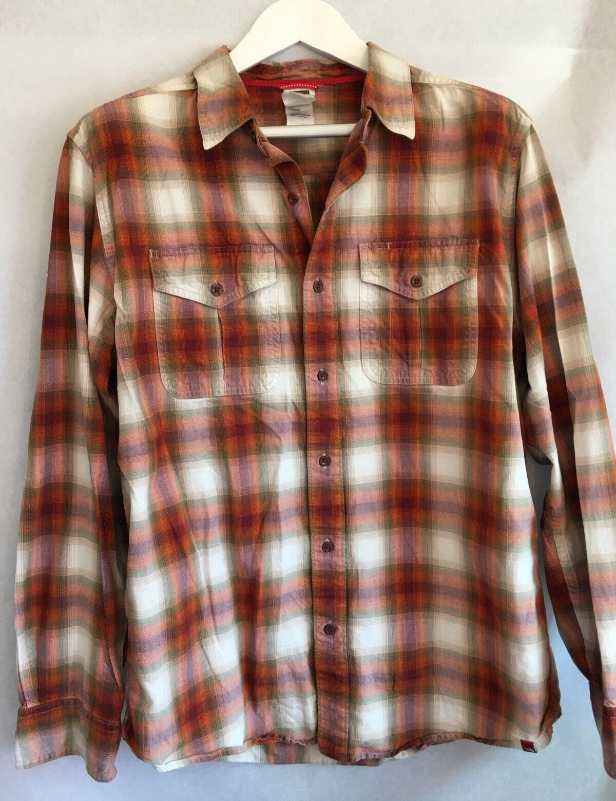 The North Face Mens Large Orange Plaid Button Up Long Sleeve Shirt Pocket Casual