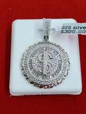 Money Dollar Sign Medallion Rhodium plated 925 sterling silver Pendant Charm