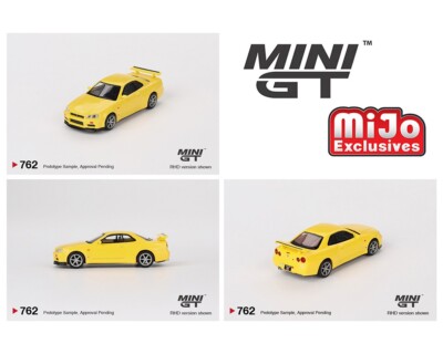 ミニカー MIRAGE GT-R V-spec(R34) Lightning Yellow Mini GT Nissan GT-R (R34) V-Spec Lightning Yellow #762 1/64