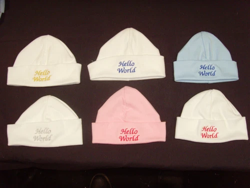 Baby 100% Cotton Embroidered Personalised Hat With The Saying Hello World
