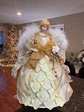 Victorian Christmas Angel Tree Topper Ivory And Gold Porcelain Face 16&rdquo; Tall