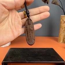 Wood Carved Guanyin Pendant Handmade Buddhist Amulet Necklace Unisex Jewelry