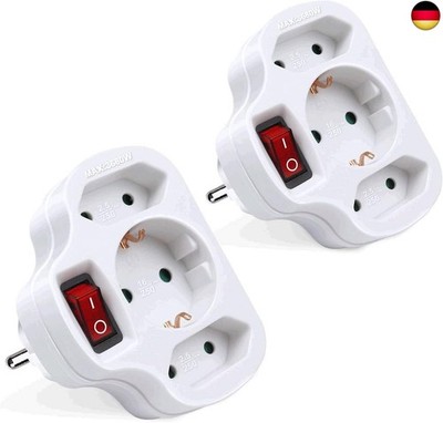 Extrastar Mehrfachsteckdose,3-Fach Steckdosenadapter mit Schalter,1x Schuko(16A
