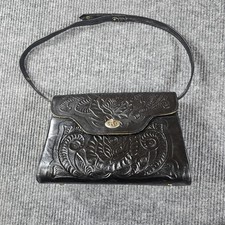 Vintage Tooled Leather Black Shoulder Bag 1970s Purse Western Mexican