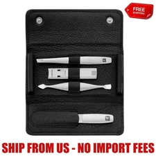 ZWILLING TWINOX 4-pc, Leather Travel Set With Snap Fastener Case, Black Matte