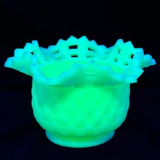 Vtg Fenton Uranium Custard Glass Rose Bowl Basketweave Open Lace Rim GLOWS!