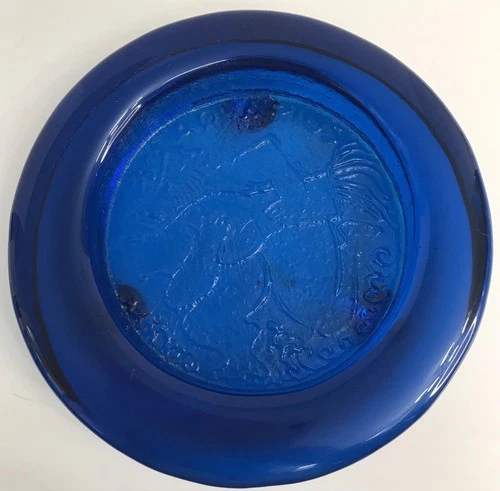 BLENKO Glass Blue AQUARIUS Zodiac Ashtray 9" Mid-Century Vtg Catchall Tray Plate