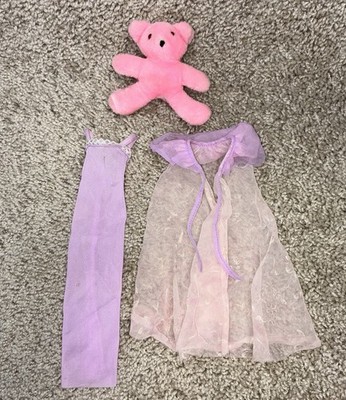 1984 Dreamtime Barbie Doll Outfit #9180 Purple Nightgown Floral Robe & Pink Bear
